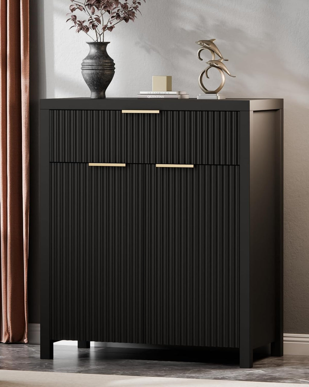 Lulive Black Fluted Storage Cabinet with Drawers Buffet Sideboard Cabinet with Adjustable Shelves for Kitchen Living Room, Kitchen, Entryway
