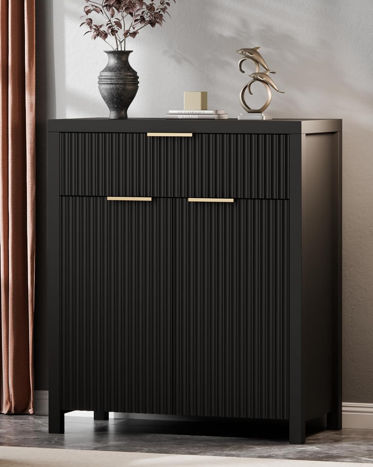 Lulive Black Fluted Storage Cabinet with Drawers Buffet Sideboard Cabinet with Adjustable Shelves for Kitchen Living Room, Kitchen, Entryway