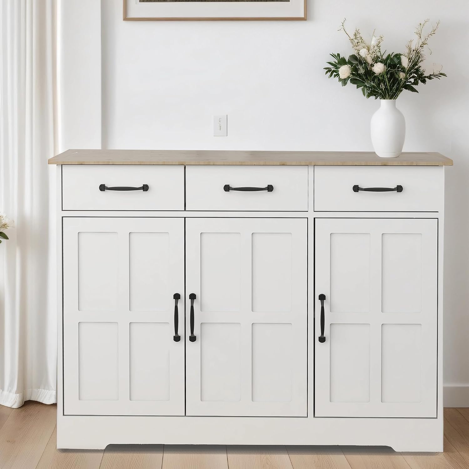 RASOO Sideboard Buffet Cabinet White Field Door Panel Kitchen Side Board Cabinet with Storage 3 Doors and 3 Drawers for Living Room, Kitchen (Grid Doors)