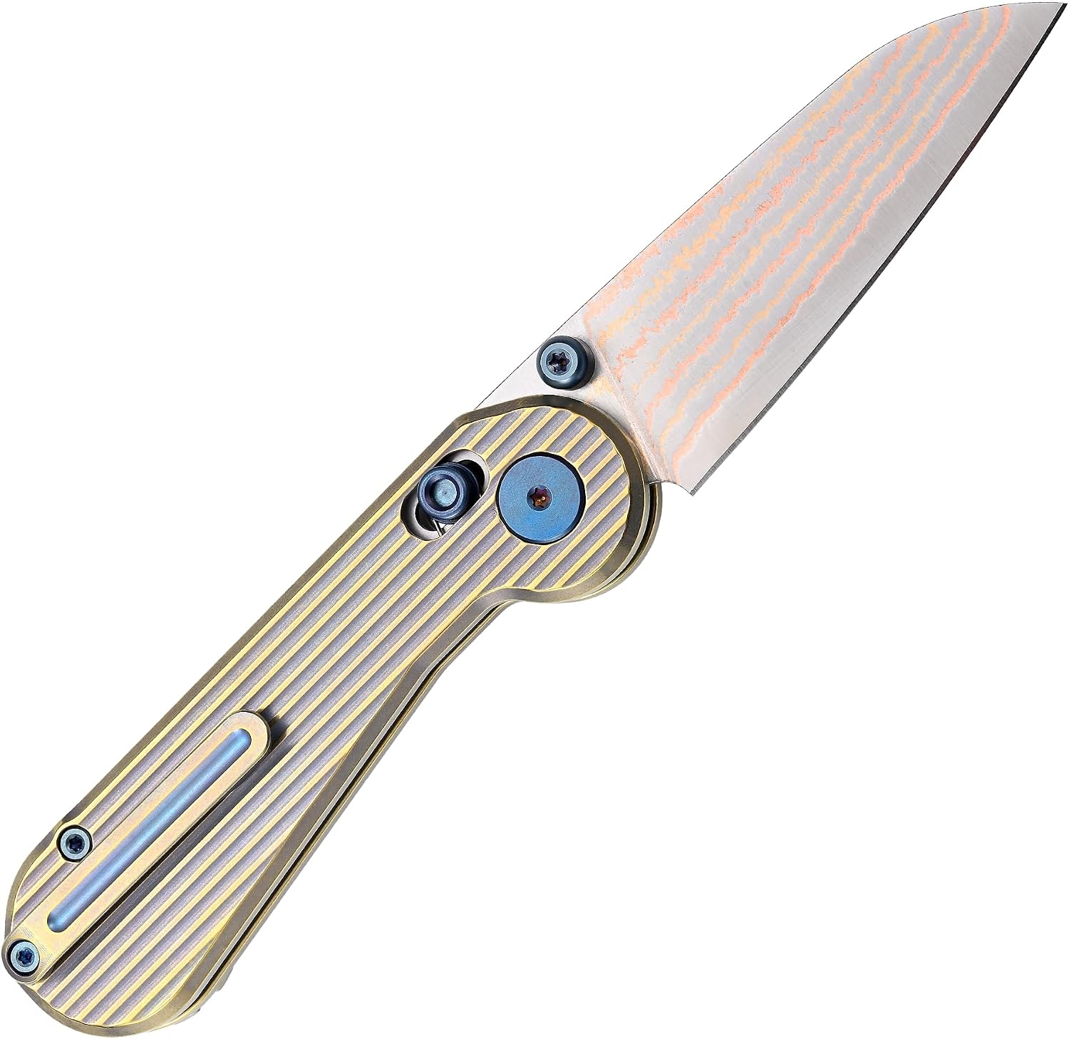 Hightron EdgePlay Premium Fidget Knife 2.64' Copper Damascus Blade and Titanium Handle Thumb Stud Opener and Axis-Lock Pocket Knife with Pocket Clip For Men Women Camping Hiking Gold