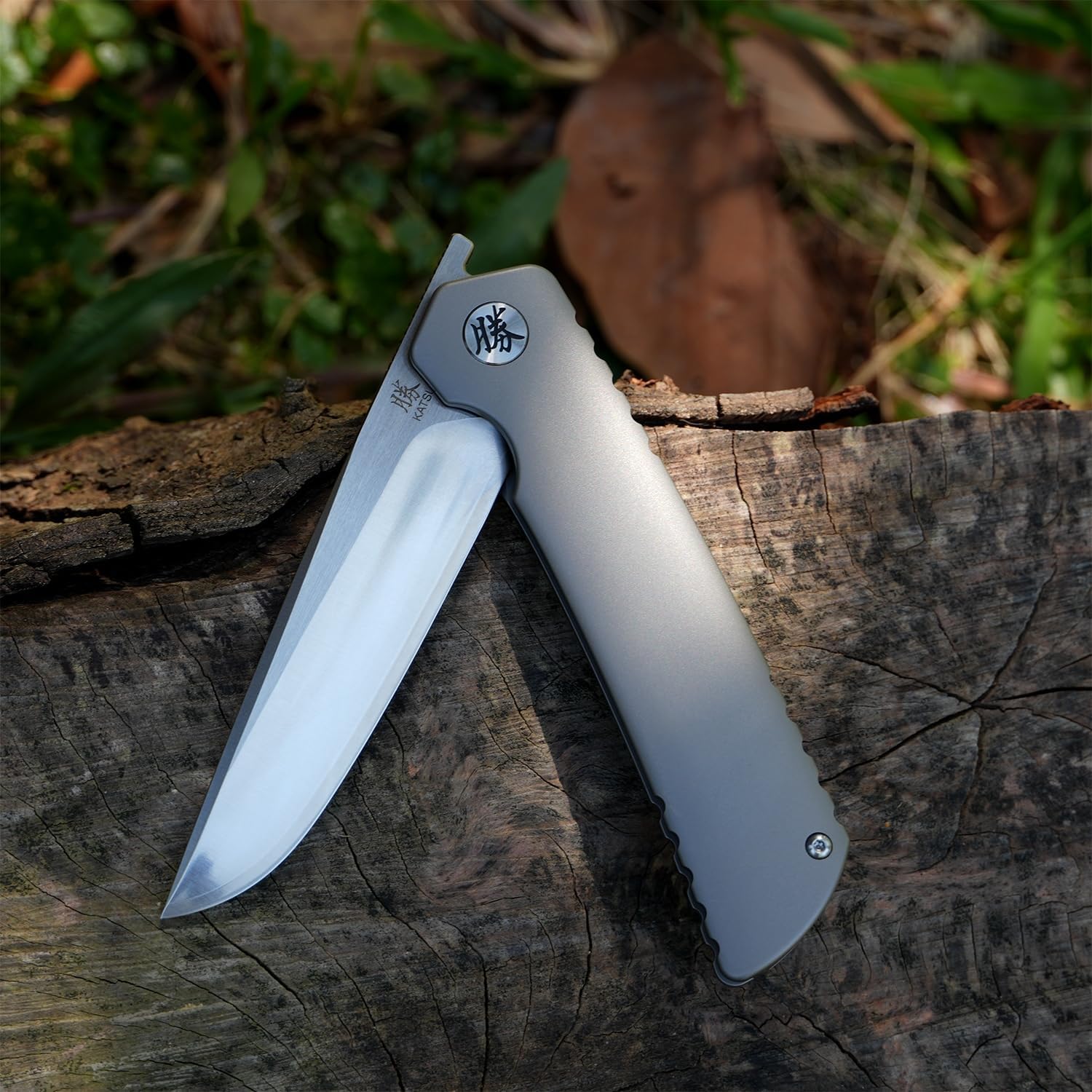 KATSU Folding Knife ZDP-189 Steel 3.5' Blade,Japanese Sandblasted Titanium Handle Pocket Knife with Clip Convex Grind Frame lock, Quick Open EDC Flip Knives for Men Leather Sheath Hiking Camping