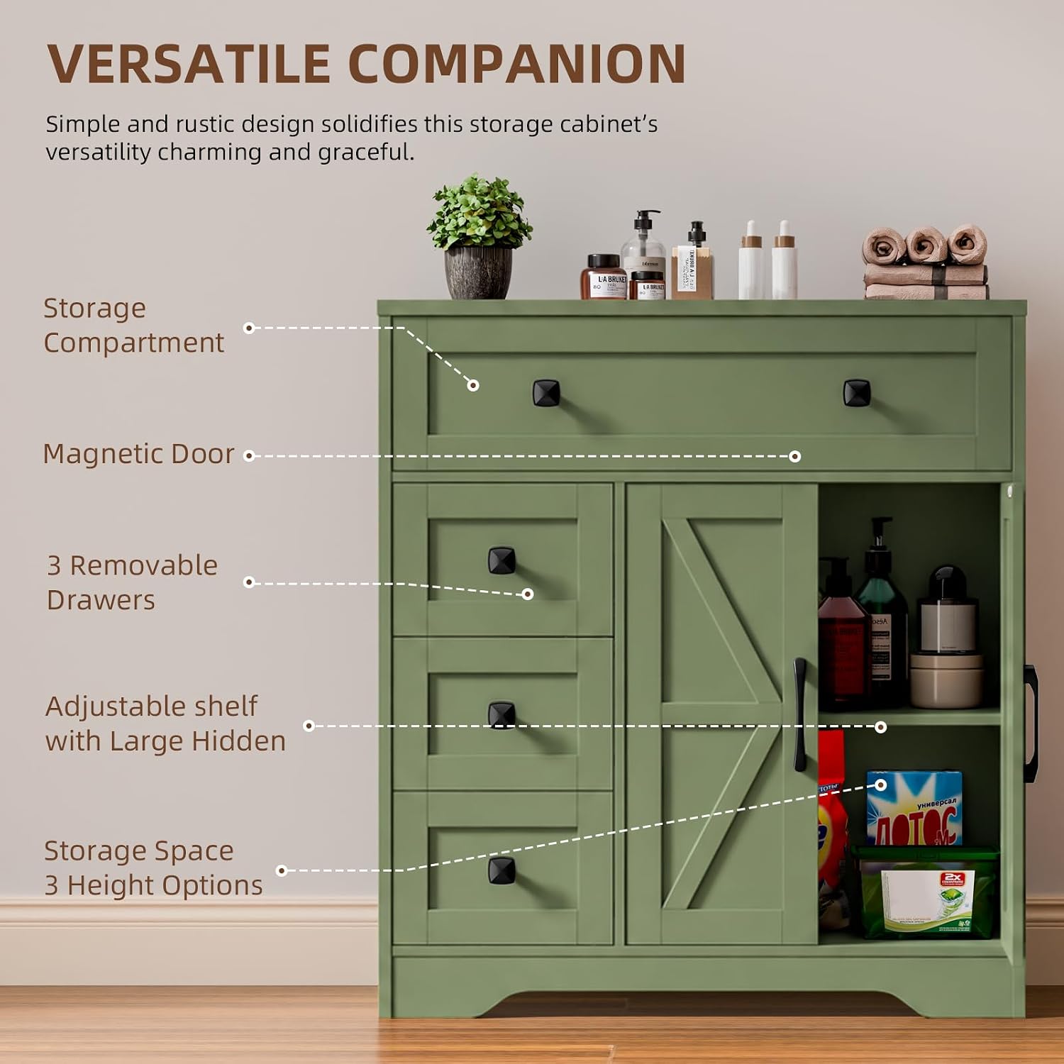 Vabches Farmhouse Storage Cabinet with 2 Doors and 4 Drawers, Freestanding Bathroom Storage Cabinet Kitchen Pantry, Floor Hutch Cupboard for Bathroom/Living Room/Kitchen.Green
