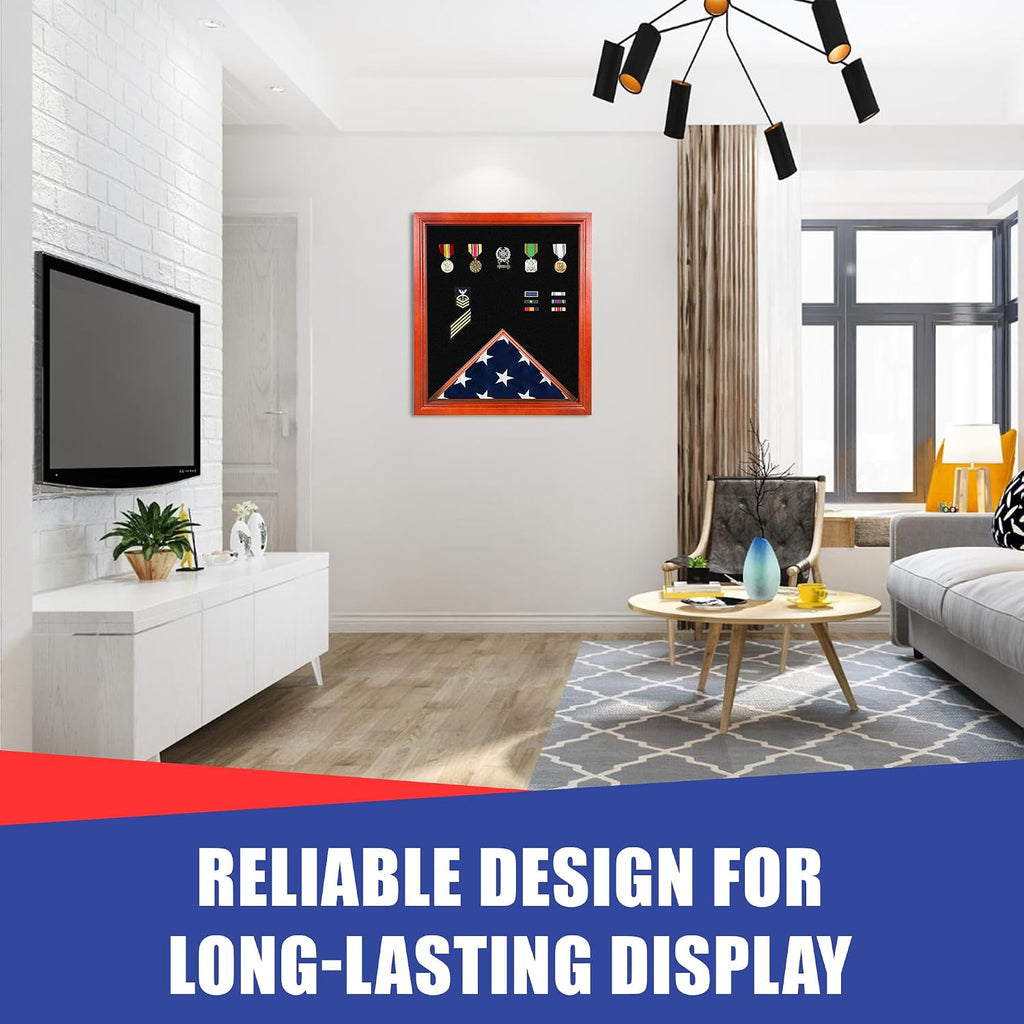 Super Tough Cherry Medal and Flag Display Case for American Veteran Burial | Holds 3ft x 5ft Flags | 20' W x 23' L | Display Box for Hanging Medals & Memorabilia to Show Honor