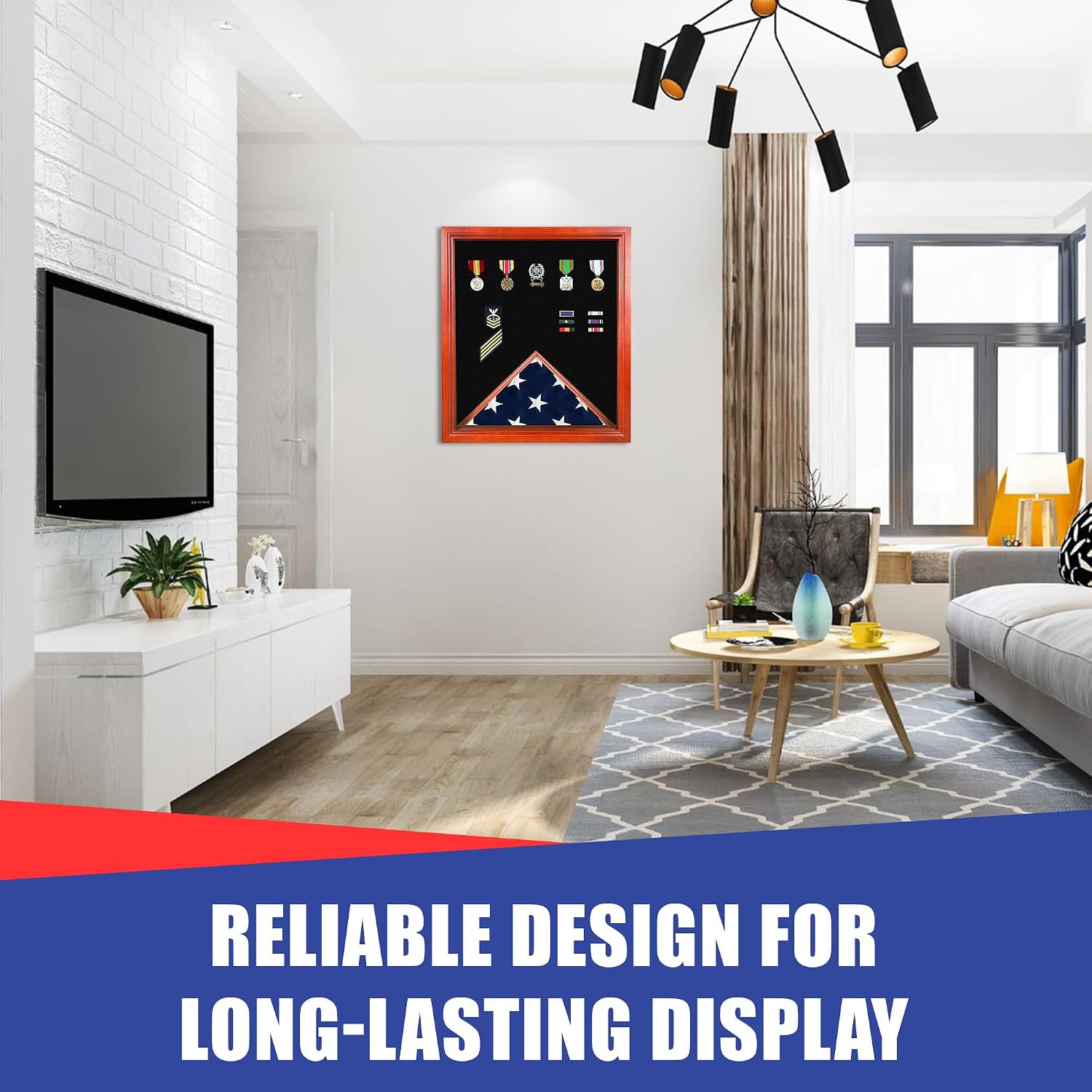 Super Tough Cherry Medal and Flag Display Case for American Veteran Burial | Holds 3ft x 5ft Flags | 20' W x 23' L | Display Box for Hanging Medals & Memorabilia to Show Honor