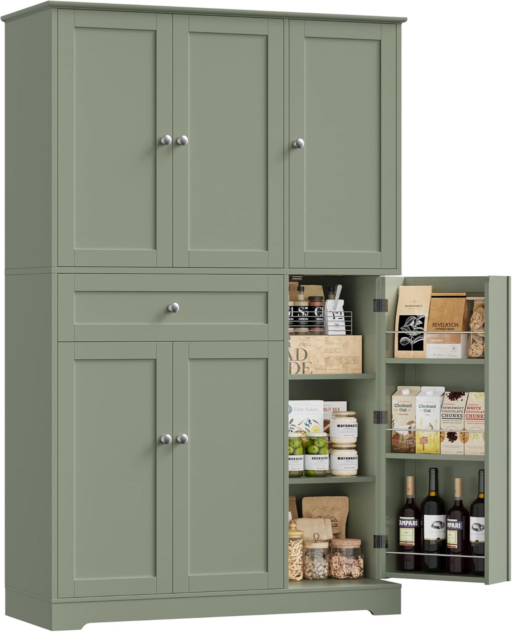 HOSTACK 68' Tall Kitchen Pantry Storage Cabinet, Modern Kitchen Hutch Cabinet with Doors and Shelves, Freestanding Food Pantry with Large Storage Drawer for Dining Room, Living Room, Green