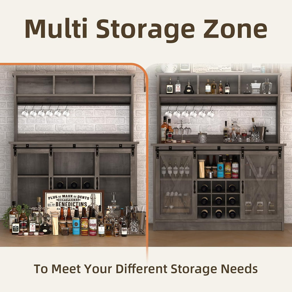 4ever2buy Farmhouse Coffee Bar Cabinet with 3 Storage Hutch, 47' Coffee Bar with Sliding Barn Doors, Hutch Cabinet with 6 Hooks & 9 Wine Racks for Dining Room, Kitchen, Wash Grey