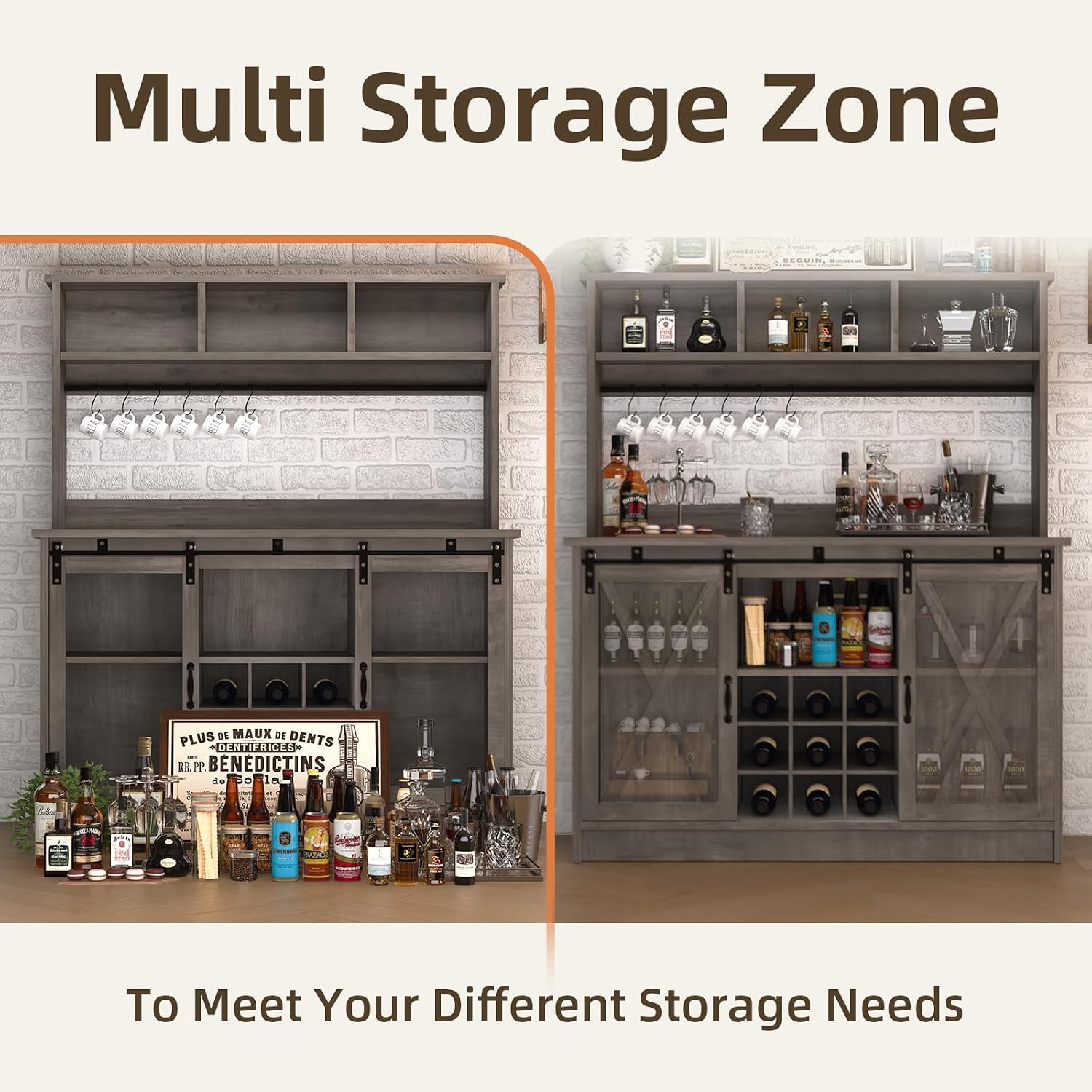 4ever2buy Farmhouse Coffee Bar Cabinet with 3 Storage Hutch, 47' Coffee Bar with Sliding Barn Doors, Hutch Cabinet with 6 Hooks & 9 Wine Racks for Dining Room, Kitchen, Wash Grey
