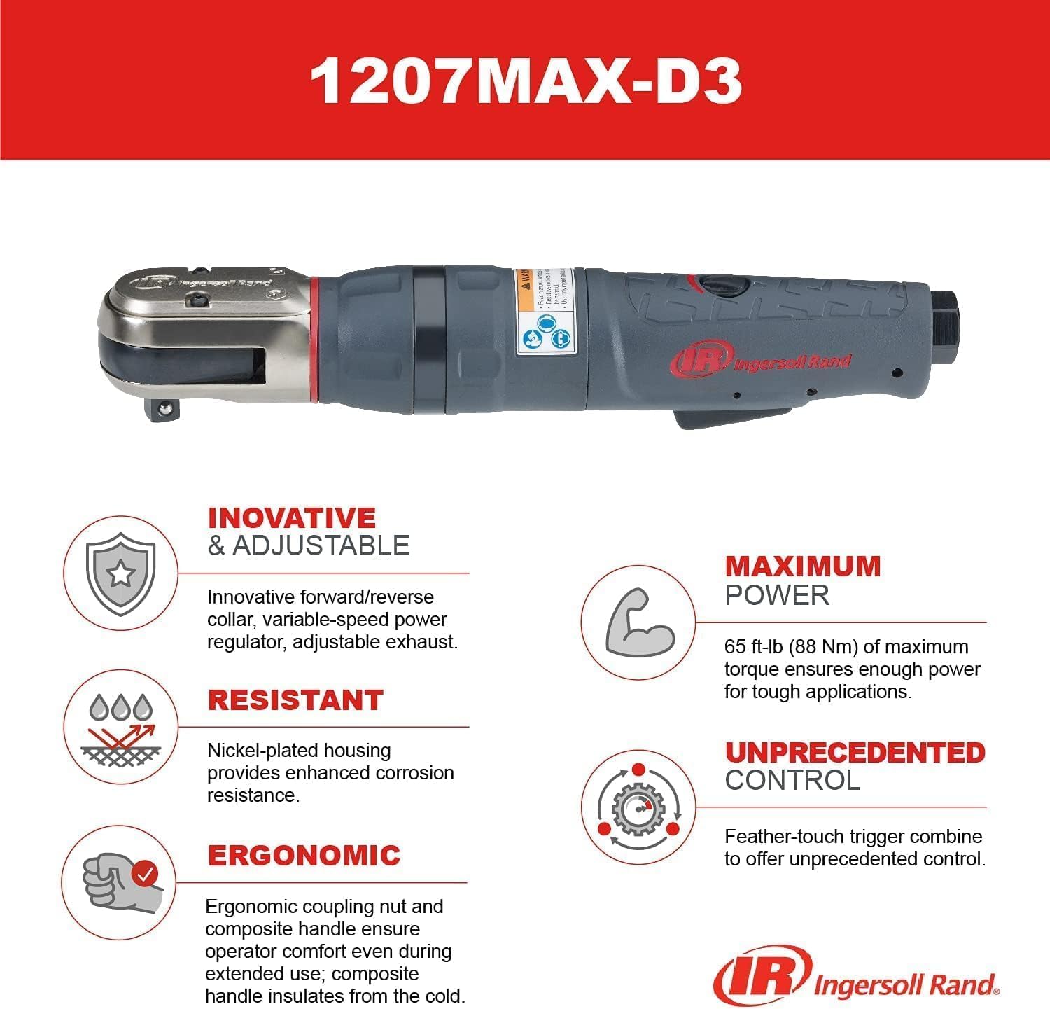 Ingersoll Rand 1207MAX-D3 3/8' Drive Air Ratchet Wrench, Power Tool w/ Up to 65 ft lbs / 88 Nm Torque Output, Max Control, Variable Speed Regulator, Adjustable Exhaust, Feather Touch Trigger, Gray