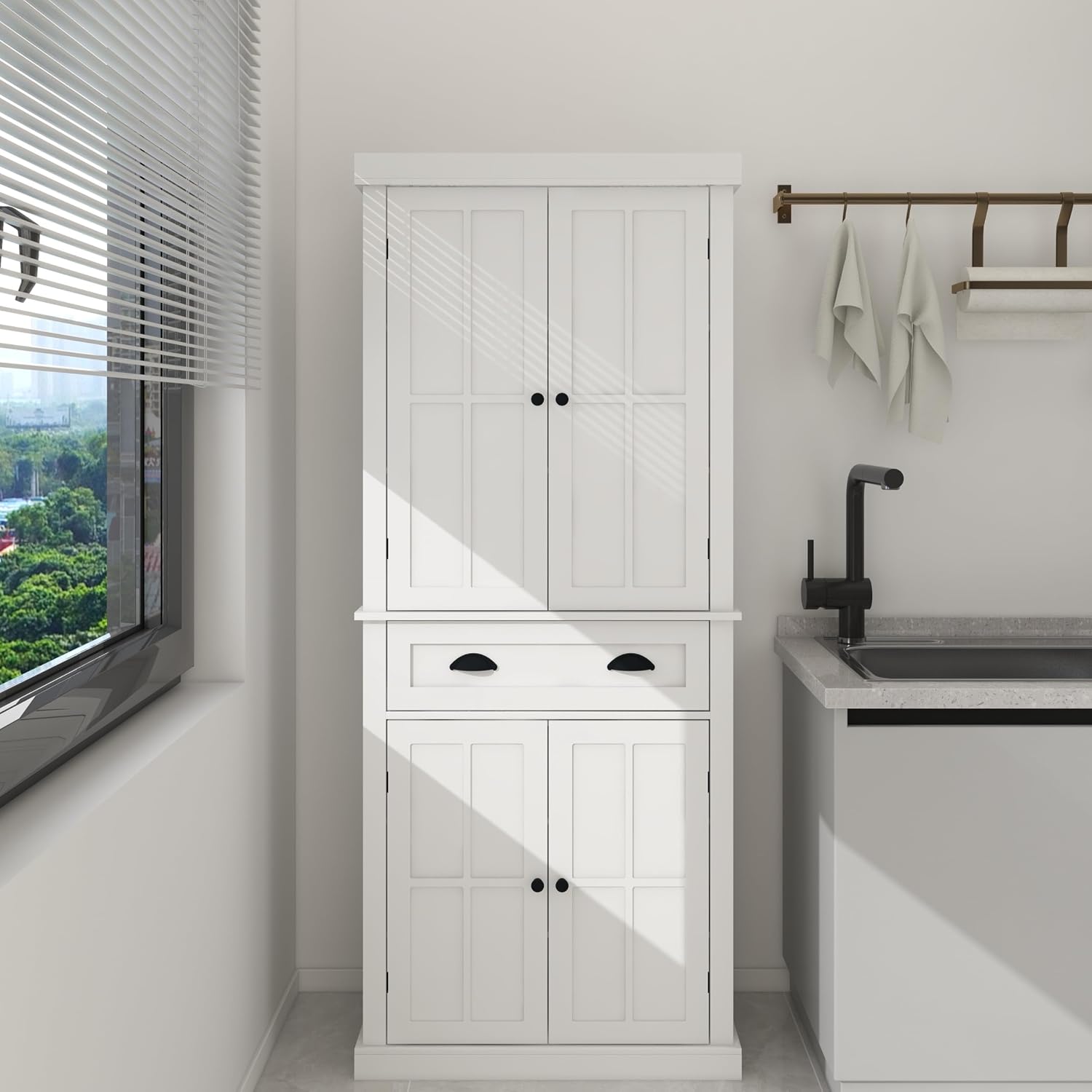 72' 2-Adjustable Shelves Freestanding Storage Cabinet, Kitchen Storage Bakers Rack with Carved Door, Utility Food Cupboard with Anti-tip Base for Kitchen Dining Laundry Room, White