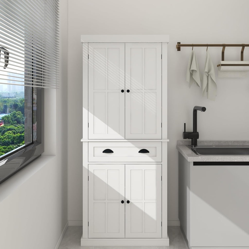 72' 4-Door Freestanding Storage Cabinet, Kitchen Storage Bakers Rack with Carved Design, Utility Food Cupboard with Adjustable Shelf for Kitchen Dining Laundry Room, White