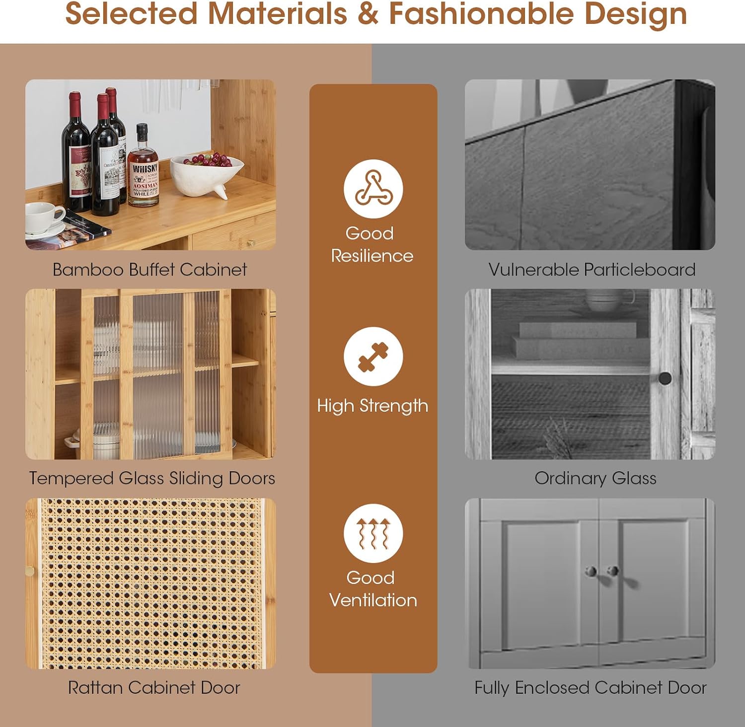 Giantex Pantry Cabinet, 69' Bamboo Hutch Cabinet with Storage, Drawer, Microwave Countertop, Glass Holder, Freestanding Buffet Sideboard with Rattan Door, Tall Cupboard for Kitchen Coffee Bar