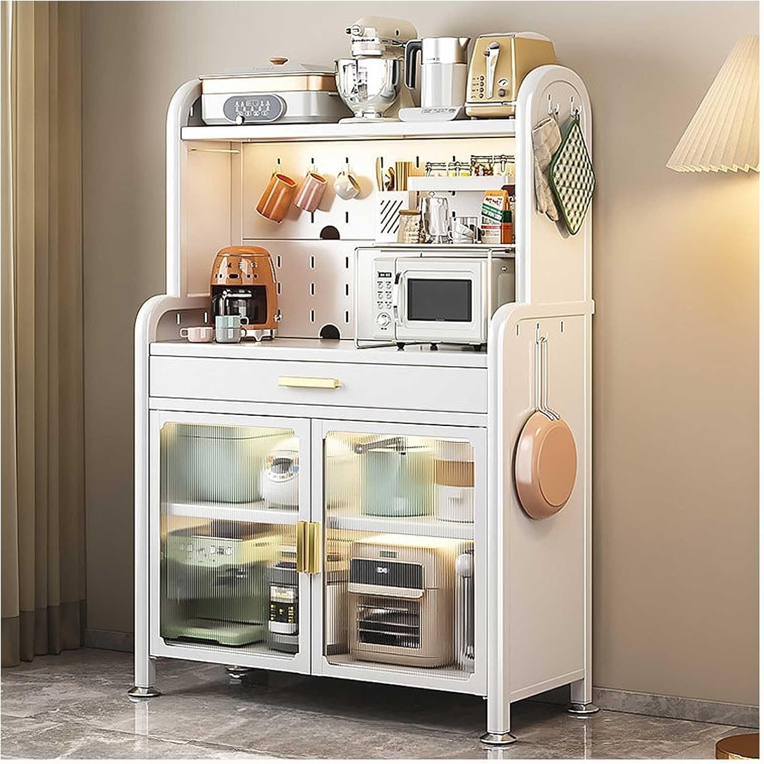 5-Tier Black Kitchen Bakers Rack with Adjustable Shelves, Drawer, Pegboard & Microwave Stand – Free Standing Utility Storage Cabinet, 147.5×80cm(White,147.5x70cm/58x27.5in)