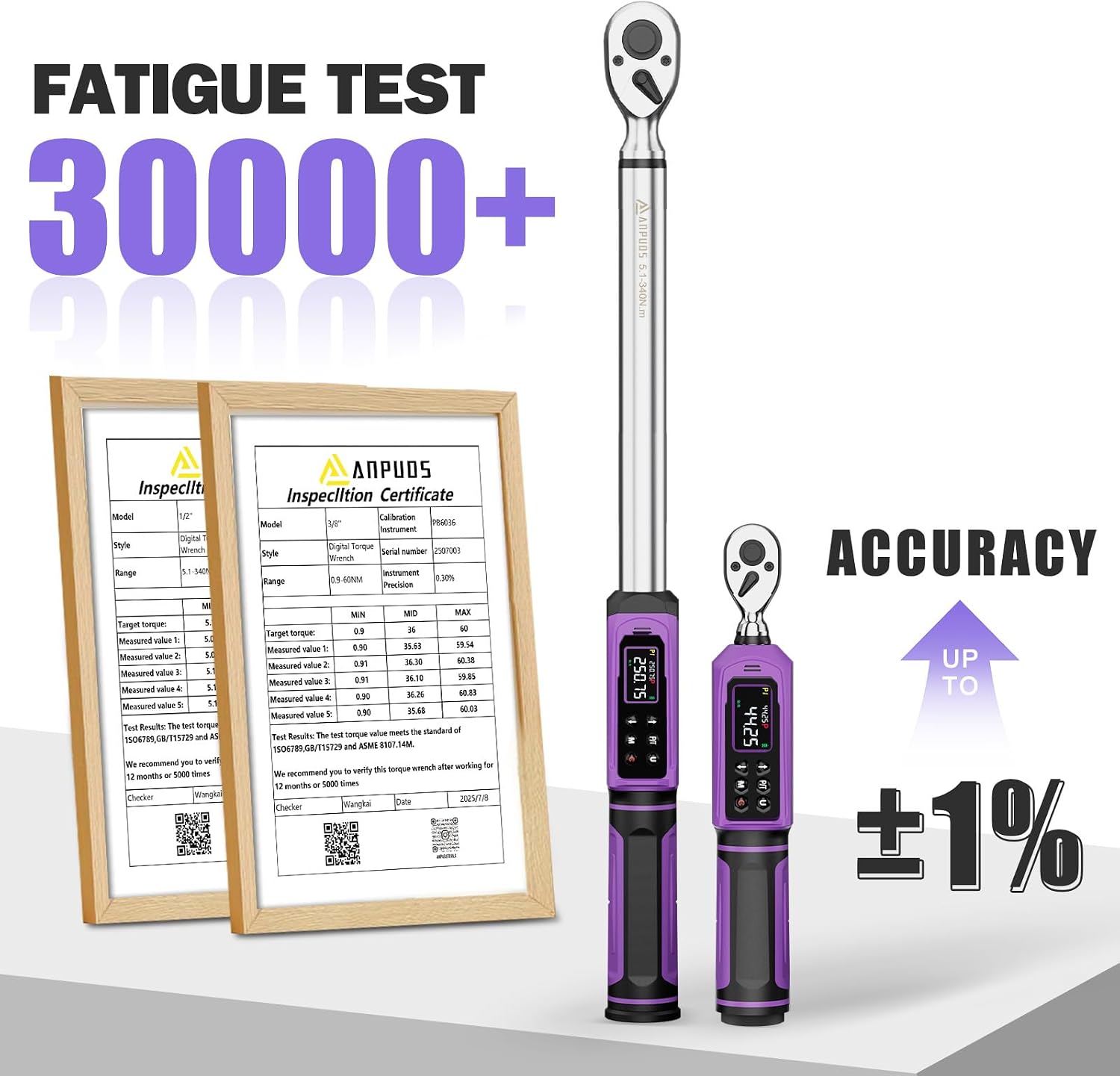 ANPUDS Digital Torque Wrench Set 3/8' & 1/2' Drive, ±1% Accuracy | 0.66-44.25 Ft-lb & 3.76-250.75 Ft-lb, Electric Torque Wrench with Vibration/Buzze/LED Flash Alert, for Car Motor Bike Repair