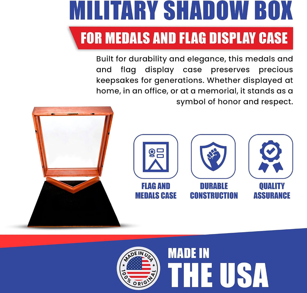Super Tough Cherry Medal and Flag Display Case for American Veteran Burial | Holds 3ft x 5ft Flags | 20' W x 23' L | Display Box for Hanging Medals & Memorabilia to Show Honor