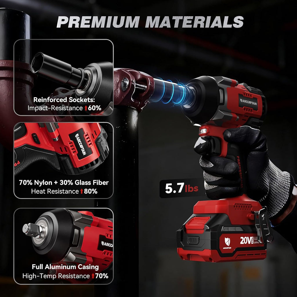 ARCCAPTAIN Cordless Impact Wrench, 1500N.m (1106Ft-lbs) 1/2' High Torque Impact Gun, 15C High-Rate 2x4.0Ah Batteries, 20V Power Impact Driver, Supports Up to 40mm Socket for Heavy Truck/Car/Pickup
