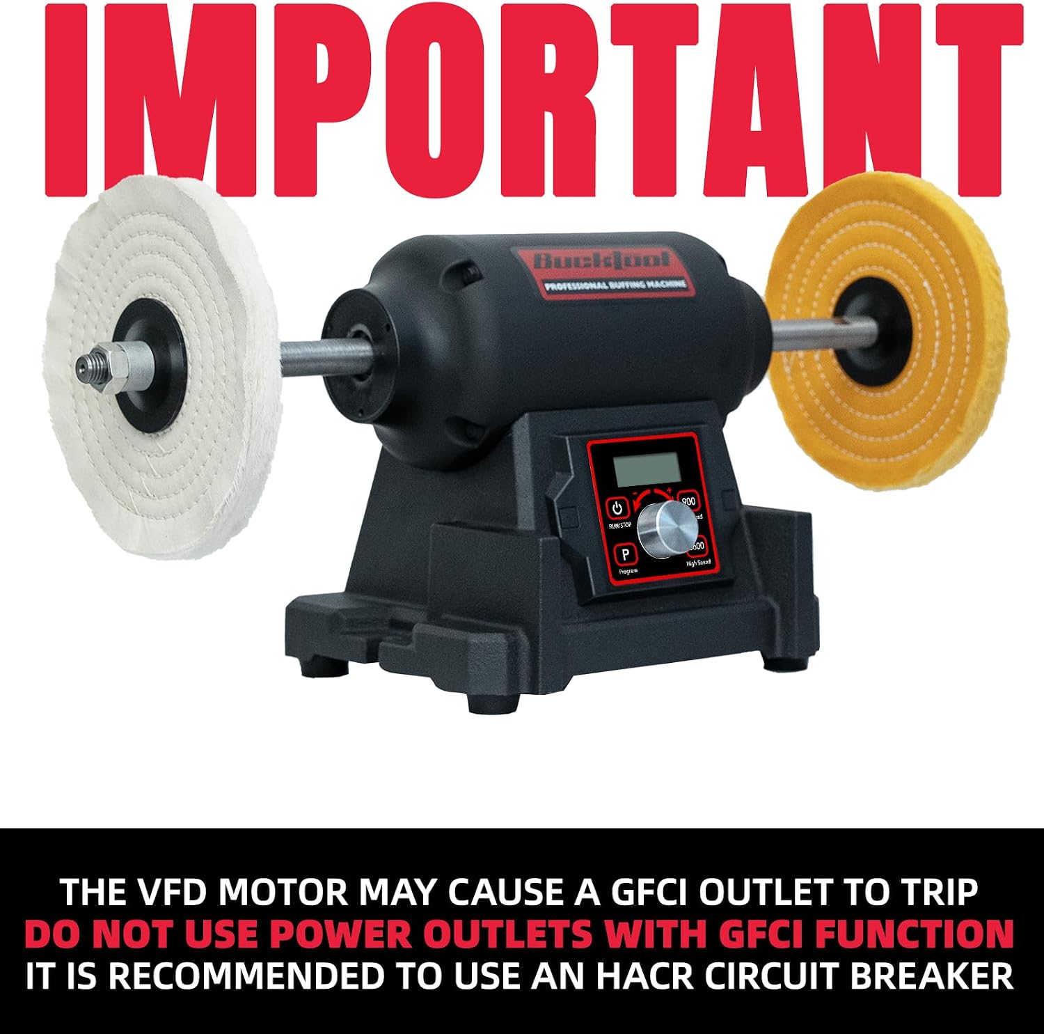 BUCKTOOL 1HP VFD Motor 8-Inch Variable Speed Bench Buffer Polisher, 900-3600 RPM One Button Speed Setting Powerful Benchtop Polisher, Extended Polishing Shaft for Jewelry, Metal Power Bench Grinders