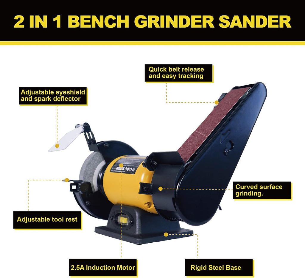Woodskil High Speed Bench Grinder Belt Sander Combo, 2.5 A 6 Inch Bench Grinder with 2 x 27 Inch Belt Sander for Metal Grinding & Wood Sanding, 2-in-1 Combo Tool for Home Workshop DIY