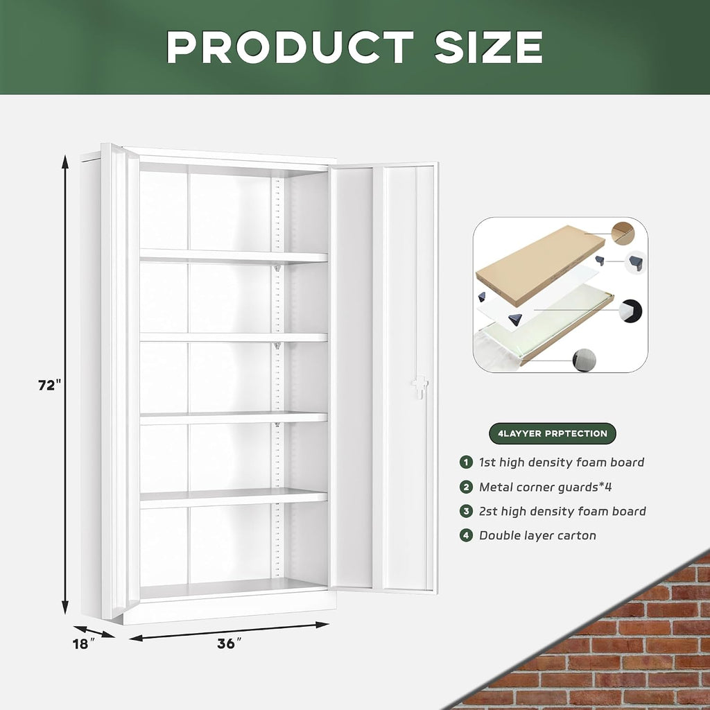Greenvelly Metal Garage Storage Cabinet with 2 Doors & Adjustable Shelves, 72' Lockable Steel Tool Cabinet - White - (36' W x 18' D)