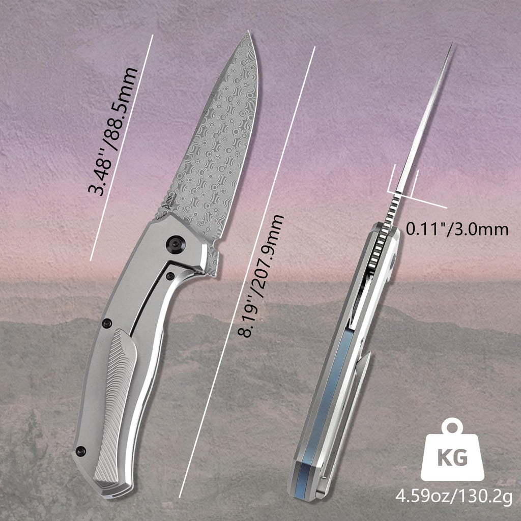 KANSEPT HAVØRN Pocket Folding Knives for Men Women Camping Hiking Folding Knife 3.48'' Damascus Blade Material Pocke Knife with Titanium Arctic Storm Fat Carbon Handle Everyday Carry K1069A3