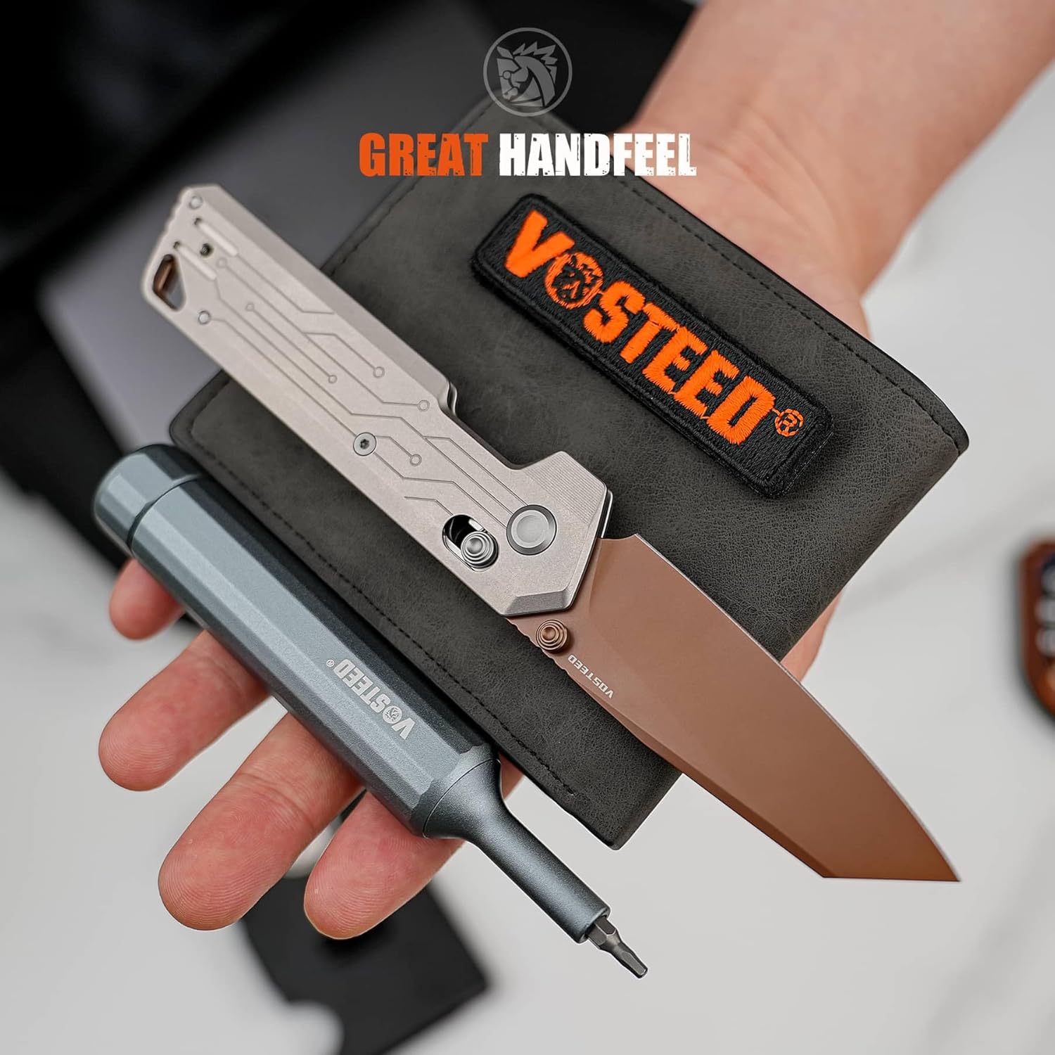 Vosteed Parallel Ultra Thin Folding Pocket Knife - 2.90' 154CM Copper Dune Blade, Reverse Tanto - Crossbar Lock, Circuit Titanium Handle - Outdoors, Camping Knives - A3520