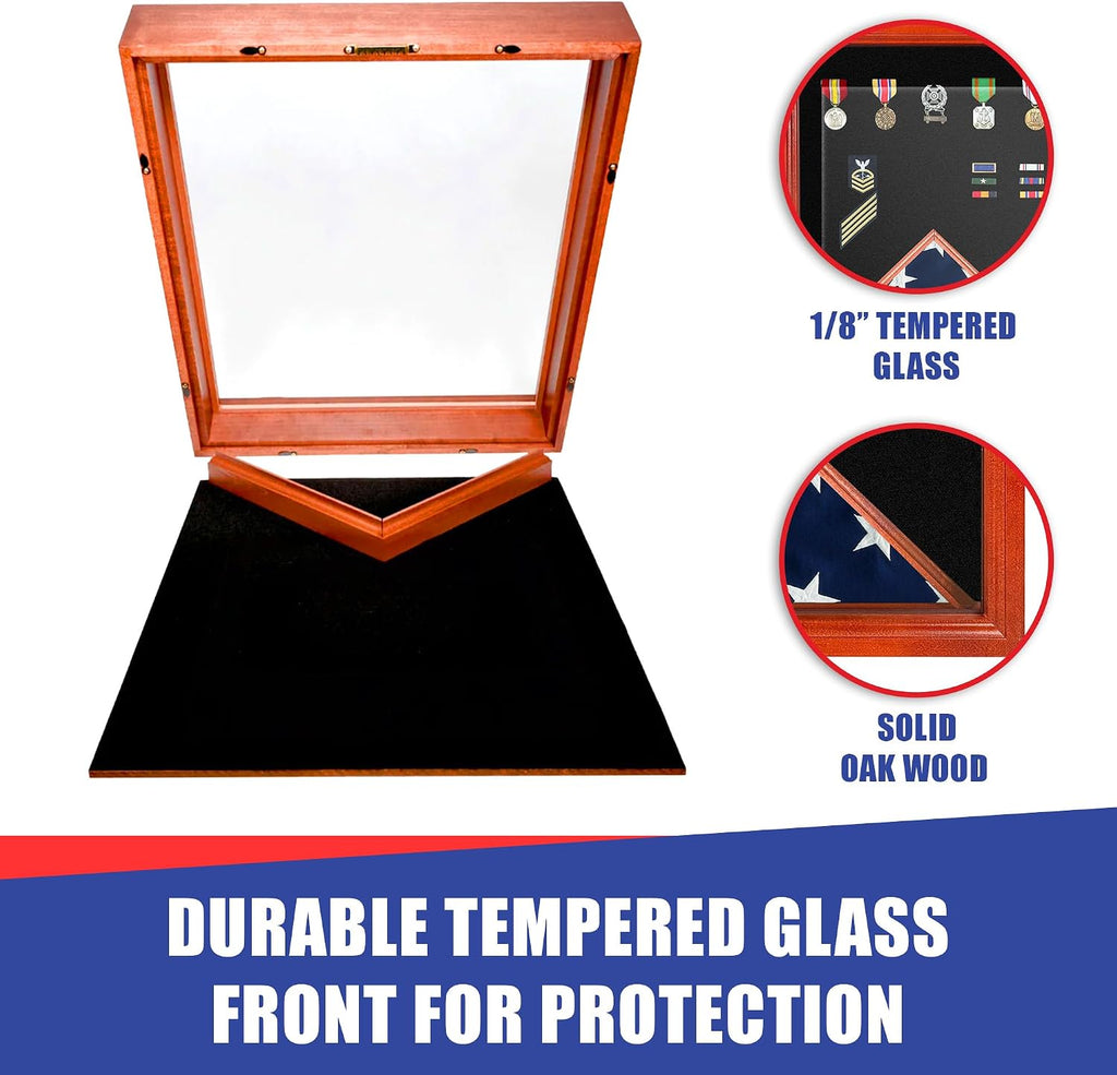 Super Tough Cherry Medal and Flag Display Case for American Veteran Burial | Holds 3ft x 5ft Flags | 20' W x 23' L | Display Box for Hanging Medals & Memorabilia to Show Honor