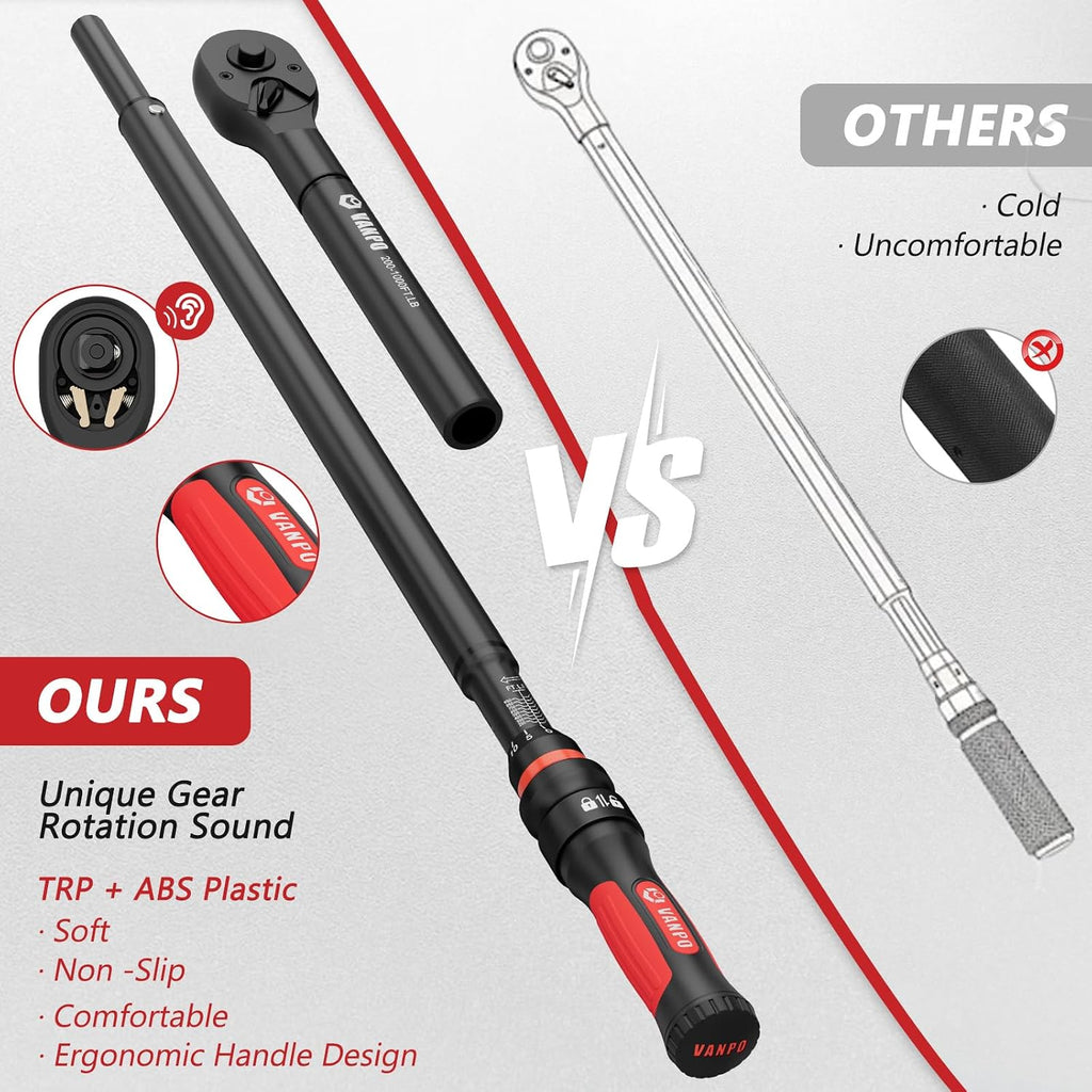 VANPO Torque Wrench 1 Inch Drive 200–1000 Ft-Lb Industrial Heavy Duty Click Type for Mining, Oilfield & Structural Work – TPR+ABS Handle, ±3% Accuracy, 24-Tooth Ratchet, 48' Long Handle with Case