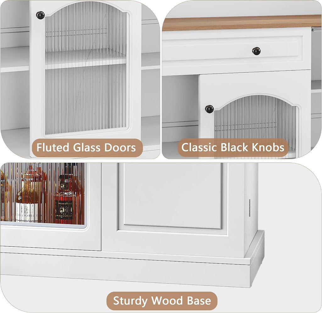 ARTPOWER Farmhosue Coffee Bar Cabinet with Hutch - 48' Modern Buffet Cabinet with Drawer Storage and Glass Doors,Wine Bar Table with Adjustable Shelves for Living Dining Room,White