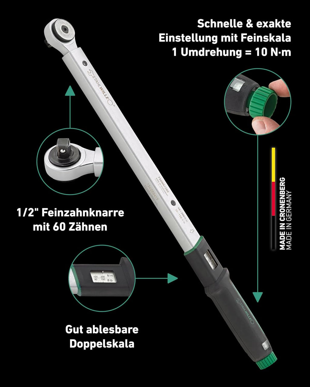 STAHLWILLE 750NR/200 Torque Wrench 40-200 N·m with 1/2 Inch Reversible Ratchet with Certificate Made in Germany