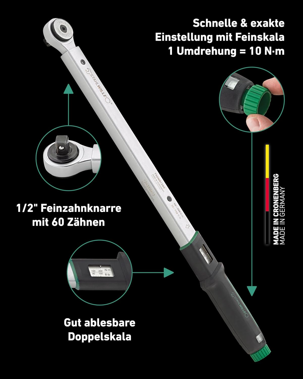 STAHLWILLE 750NR/200 Torque Wrench 40-200 N·m with 1/2 Inch Reversible Ratchet with Certificate Made in Germany
