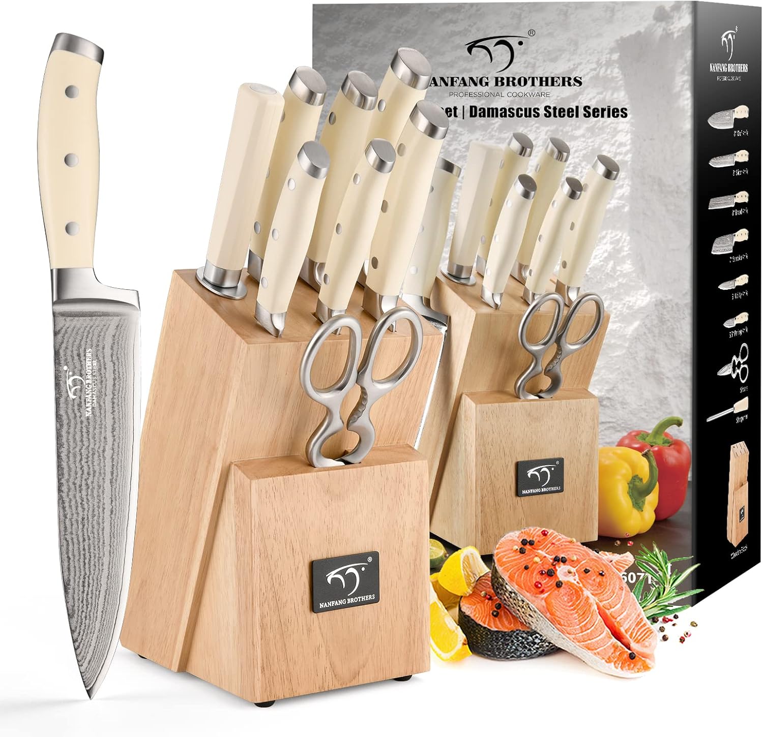 Damascus Kitchen Knife Set, 9 Pieces With Block, White ABS Triple Rivet Ergonomic Handle for Chef Knives, Sharpener and Shears