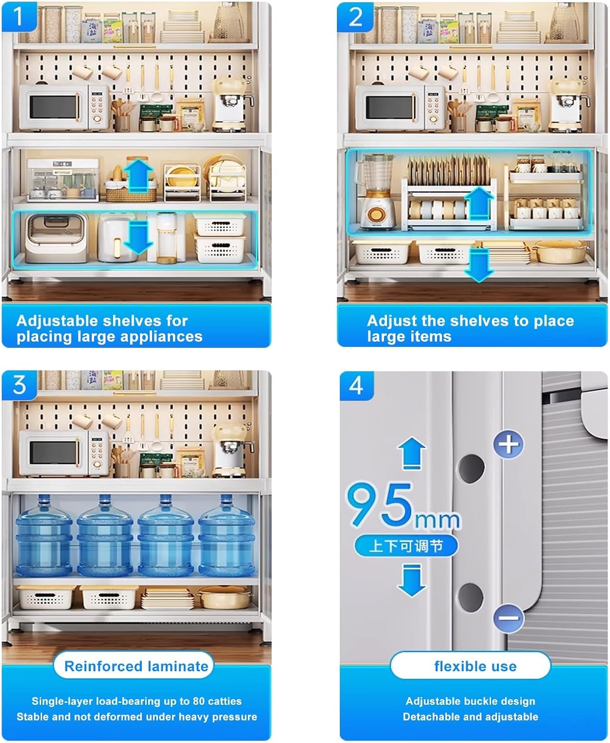 White Microwave Stand with Flip Door, 4-Tier Kitchen Baker's Rack, Large Storage Shelves with 8 Hooks, Versatile Free Standing Cabinet for Pantry & Garage Organization