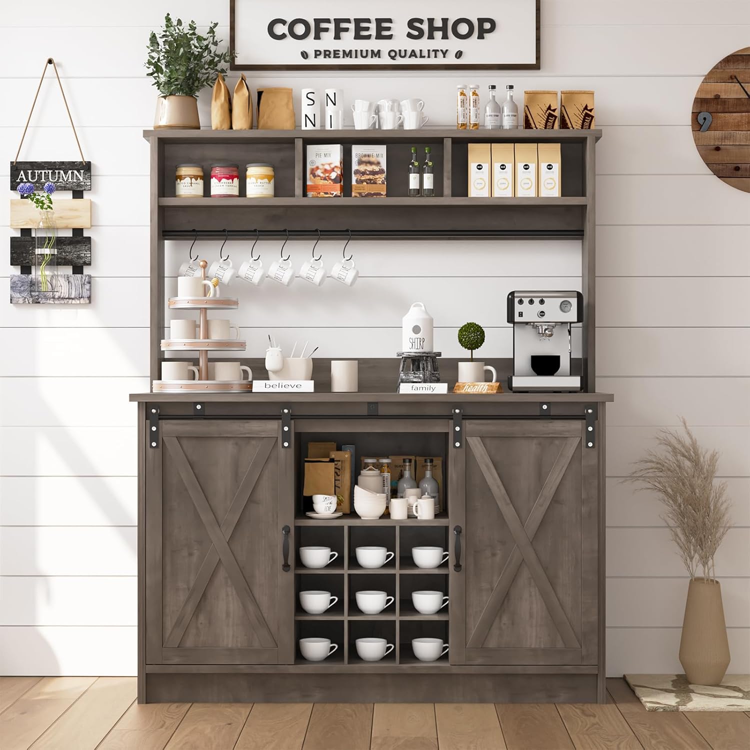 4ever2buy Farmhouse Coffee Bar Cabinet with 3 Storage Hutch, 47' Coffee Bar with Sliding Barn Doors, Hutch Cabinet with 6 Hooks & 9 Wine Racks for Dining Room, Kitchen, Wash Grey