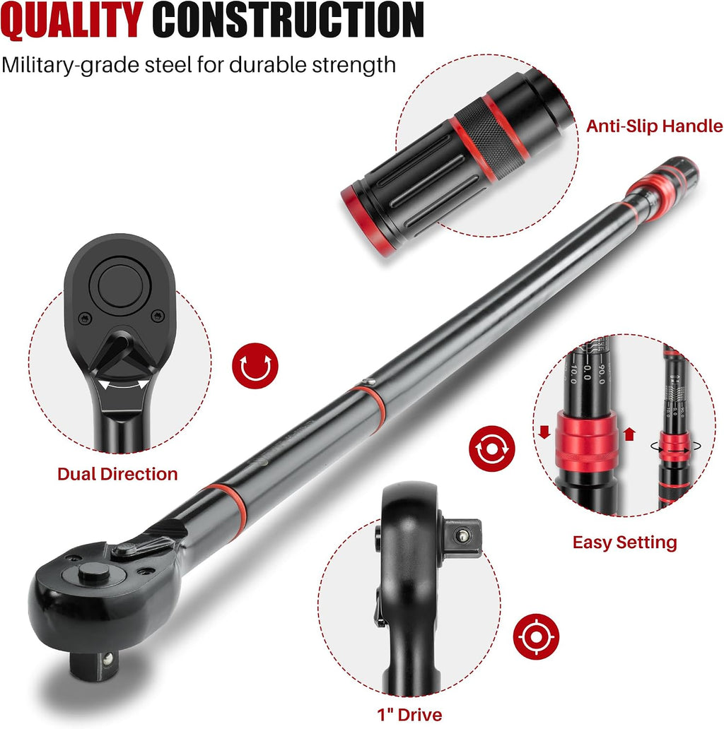 1-Inch Drive Click Torque Wrench - 200-1300 Ft-Lb/271-1762.5Nm, Dual-Direction Adjustable 24 Tooth Torque Wrench, Accuracy 3% for Car, Truck, Tractor, Maintenance and Product Assembly