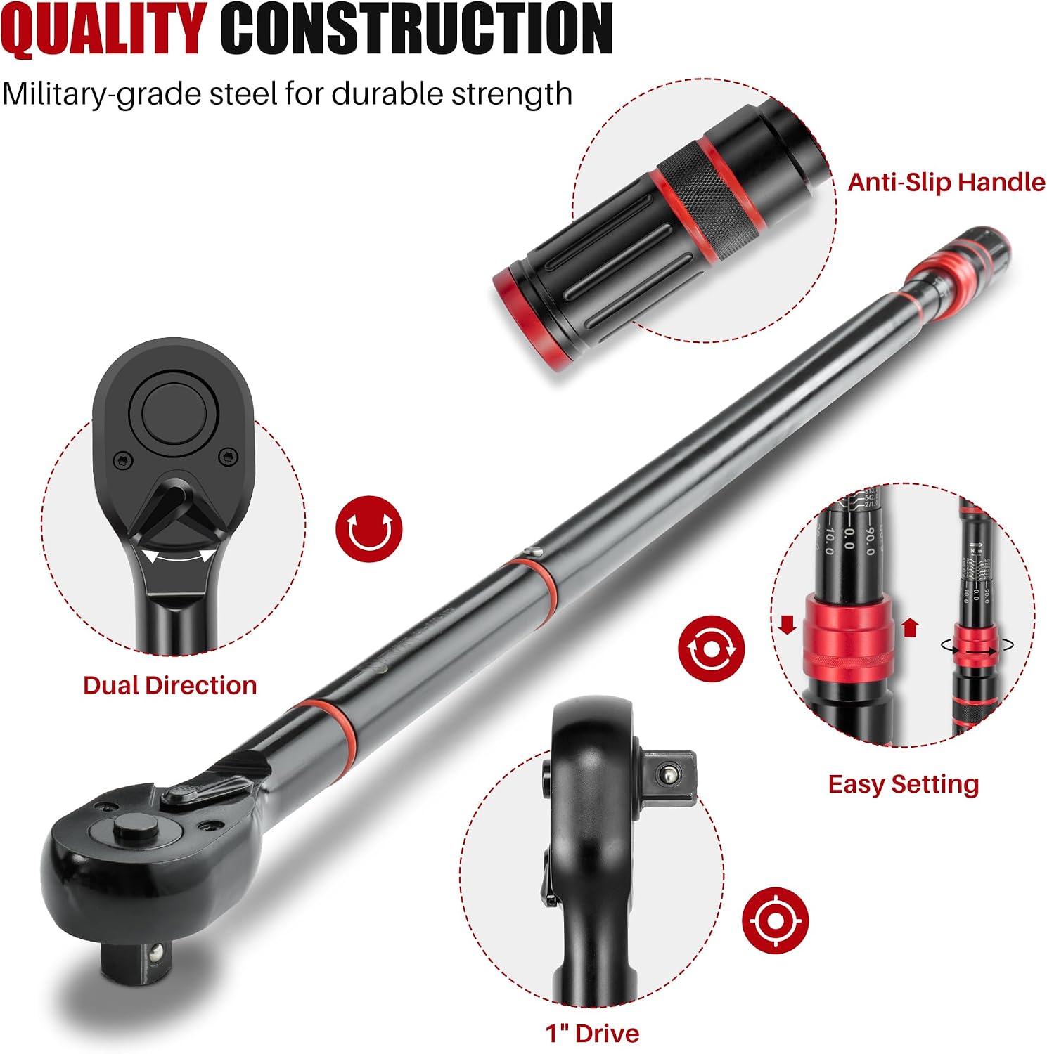 1-Inch Drive Click Torque Wrench - 200-1300 Ft-Lb/271-1762.5Nm, Dual-Direction Adjustable 24 Tooth Torque Wrench, Accuracy 3% for Car, Truck, Tractor, Maintenance and Product Assembly