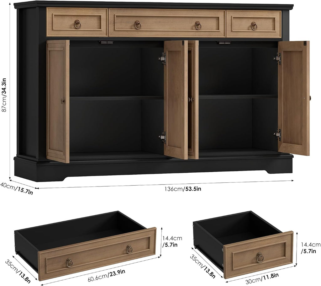 FINETONES Buffet Cabinet with Storage, 52.7' Large Sideboard Buffet Table, Kitchen Cabinet with 3 Drawers and 4 Doors, Wood Coffee Bar for Kitchen Dining Room, Black/Brown