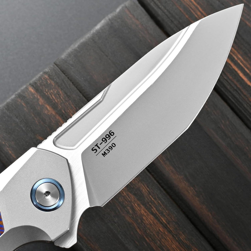 Sitivien ST996 Folding Knife, Handmade M390 Pearlescent Polishing Blade,Titanium & Timascus Handle for Outdoor Camping, Hiking, Working (Timascus)