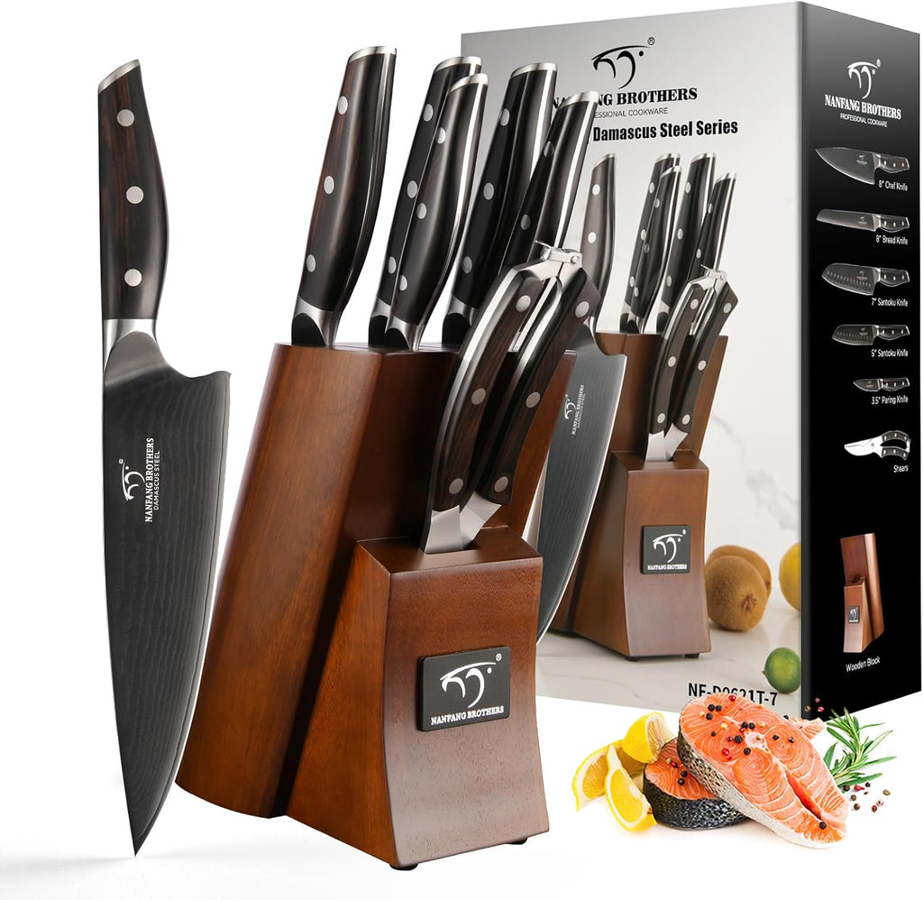 7-Piece Damascus Knife Set with VG10 Core Blades, 67-Layer Damascus Steel, Black Titanium Coated Kitchen Knives for Polished Ebony Wood Handle for a Comfortable, Ultra Sharp Chef Knife Set