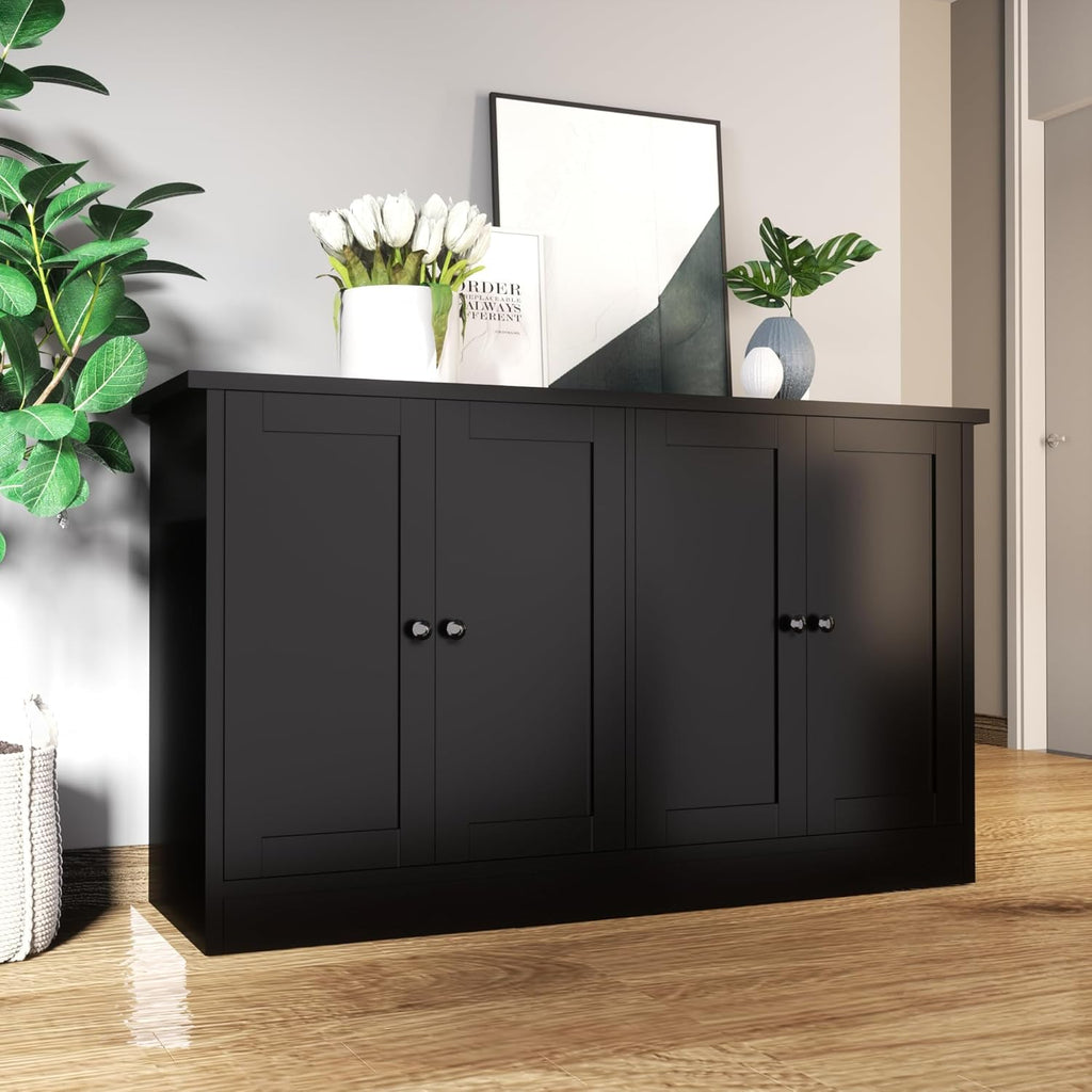 holzart Black Buffet Cabinet with Storage, 49' Modern Kitchen Sideboard with 4 Doors & Adjustable Shelves, Wood Coffee Bar Cabinet Console Table for Dining Room, Living Room, Entryway