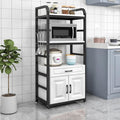 Multifunctional Kitchen Microwave Oven Stand with Storage Cabinet and Shelf Perfect for Living Room or Bedroom Large Size Black and White Color Scheme.