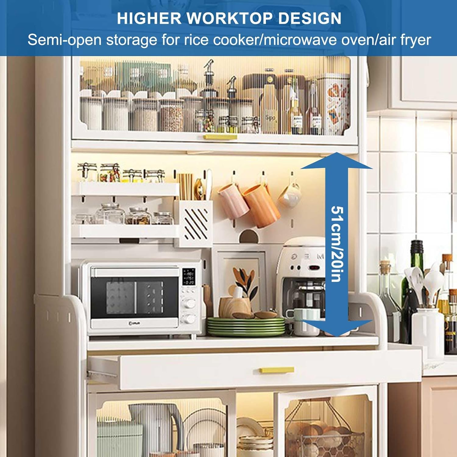 Generic White,147.5×70cm/58×27.5in, Kitchen Bakers Rack with Drawer, 5 Tier Microwave Stand, Kitchen Utility Storage Shelf with Adjustable Shelf, Kitchen Storage Cabinets, Free Standing Kitchen Shelf