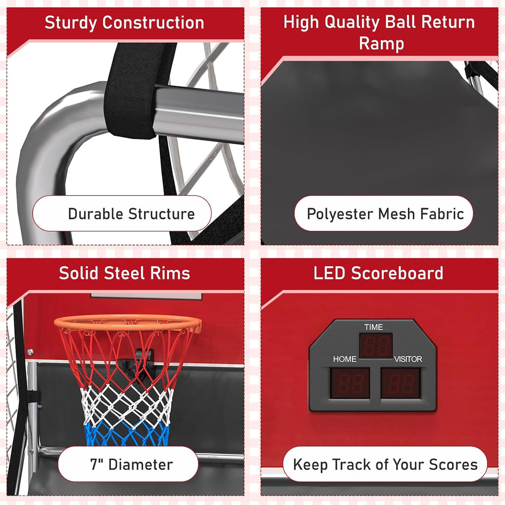 Basketball Arcade Game Indoor, Dual Shot Electronic Basketball with 8 Play Modes, LCD Score Display, and 4 Rubber Balls, Indoor Basketball Arcade Game for Home, Red