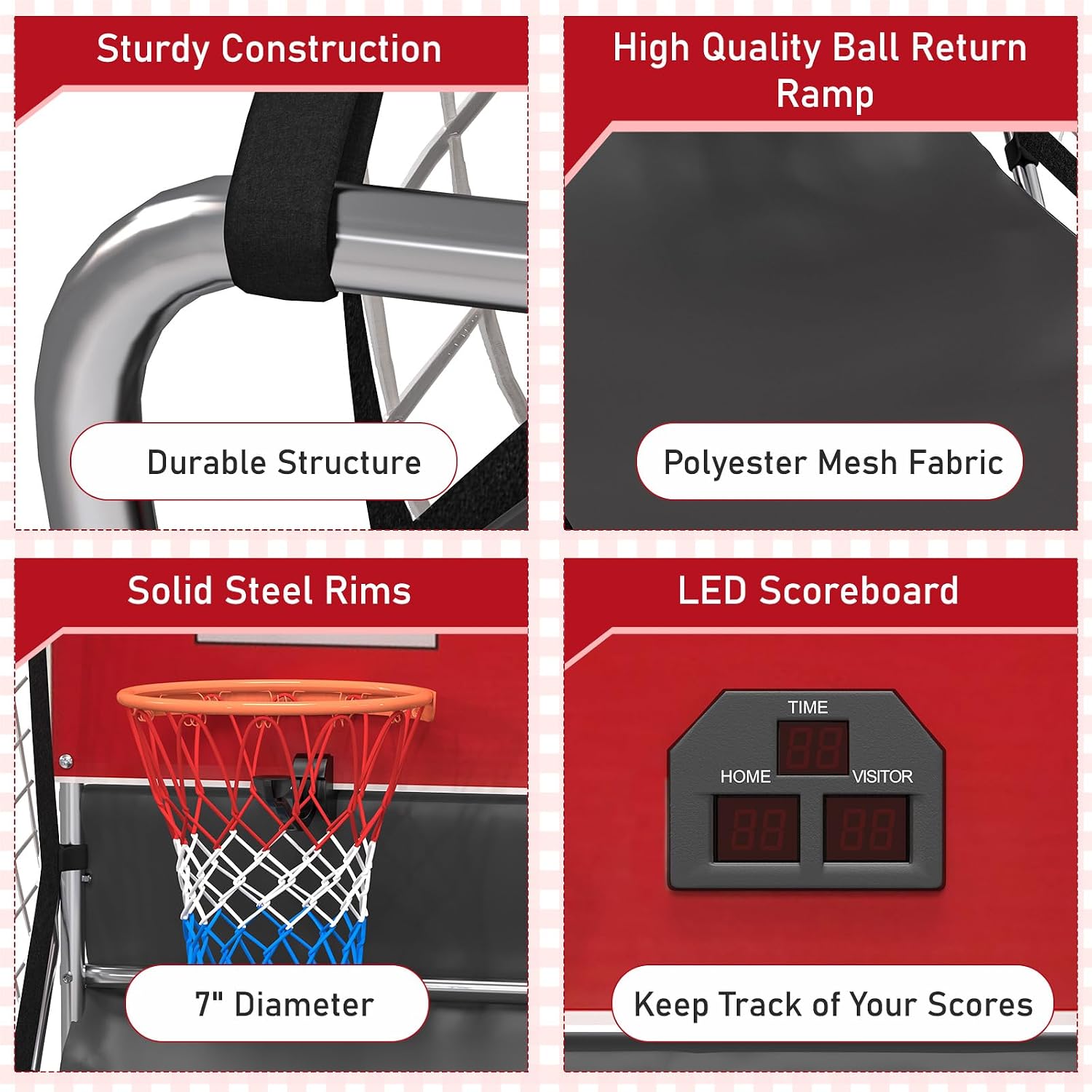 Basketball Arcade Game Indoor, Dual Shot Electronic Basketball with 8 Play Modes, LCD Score Display, and 4 Rubber Balls, Indoor Basketball Arcade Game for Home, Red