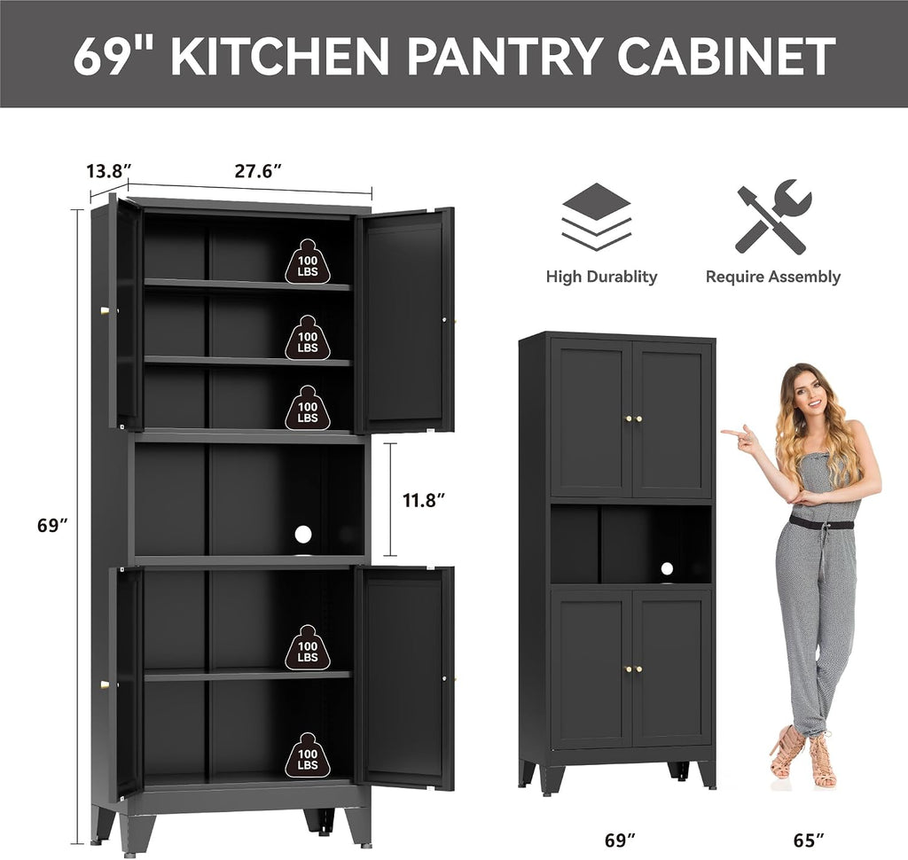 Bevivog Tall Pantry Cabinet with Microwave Shelf, 69' Metal Storage Cabinet with 4 Doors and Adjustable Shelves,Freestanding Metal Kitchen Hutch Cabinet, Black Pantry Closet Storage Shelves with Doors
