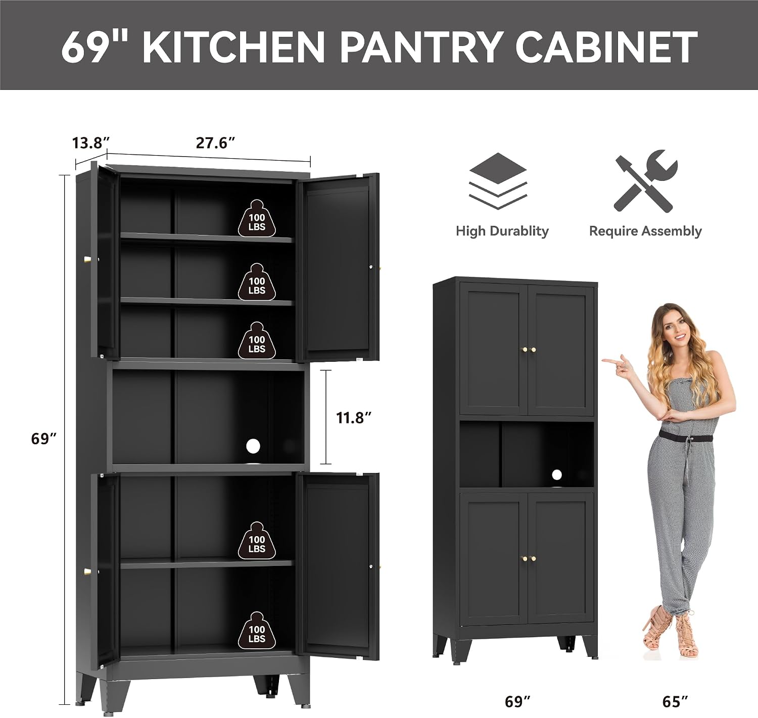 Bevivog Tall Pantry Cabinet with Microwave Shelf, 69' Metal Storage Cabinet with 4 Doors and Adjustable Shelves,Freestanding Metal Kitchen Hutch Cabinet, Black Pantry Closet Storage Shelves with Doors