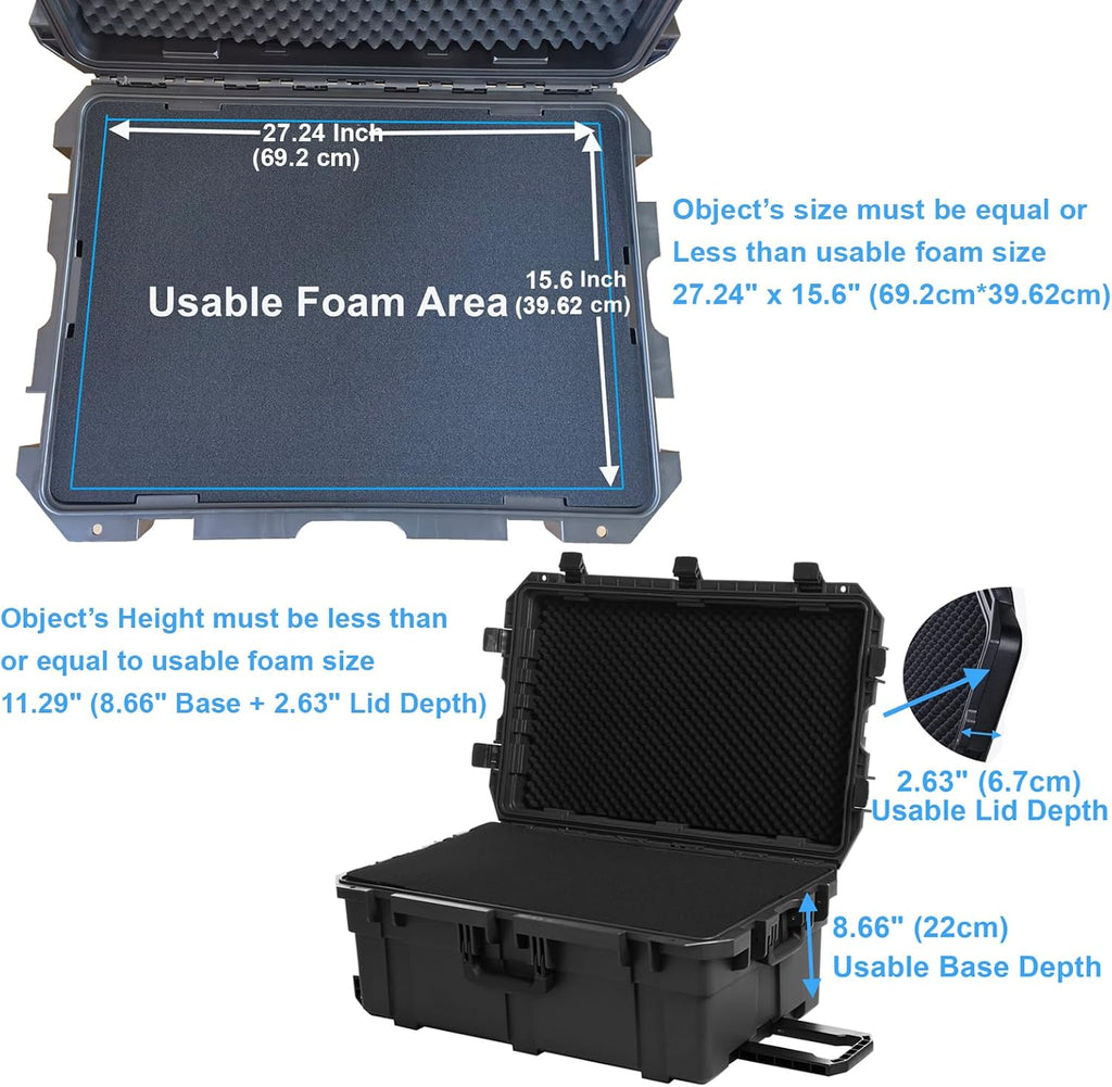 Regetek Waterproof Hard Case, 33 x 21 x 14 Inch, Equipment Case with Wheels/Customizable Foam/Retractable Handle for electronic, tool,cameras, Shockproof,Rolling Hard Case Inner 27.24'x15.6'x11.29'