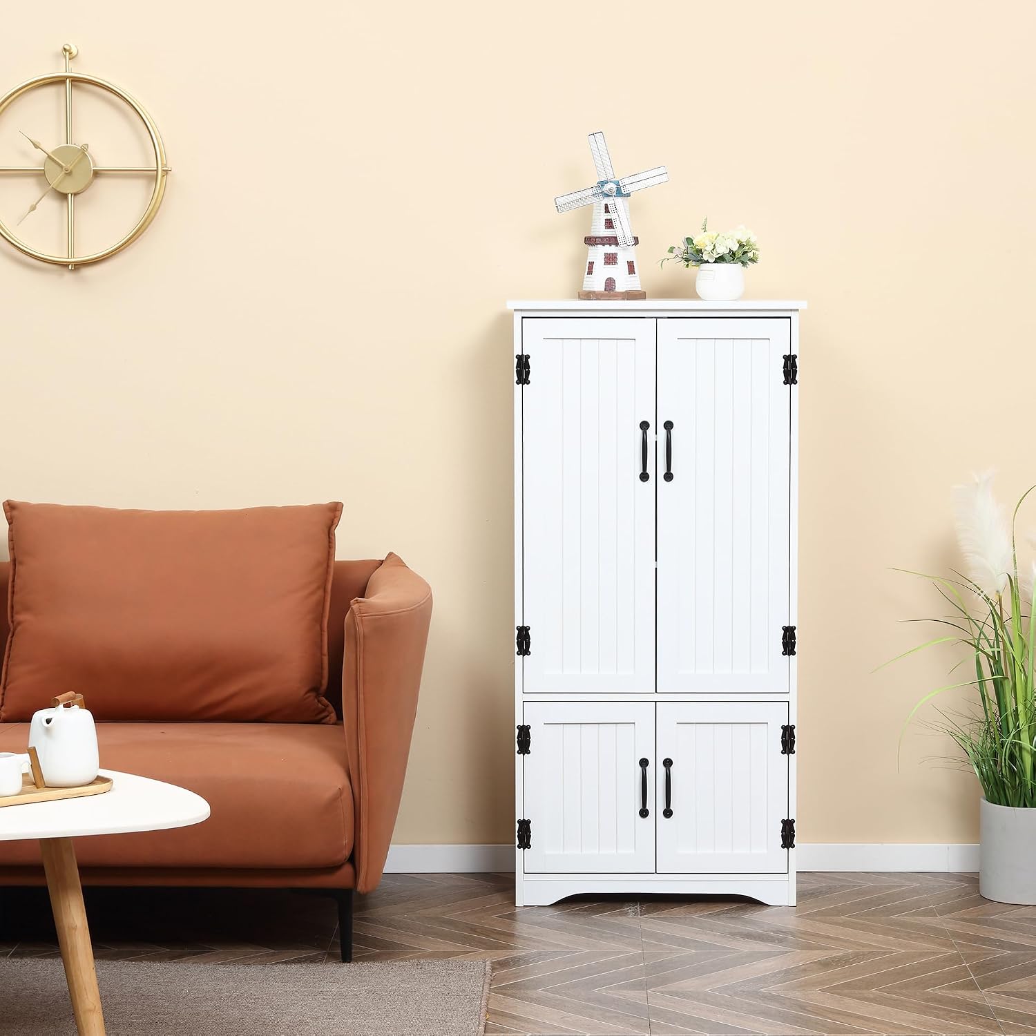48' Farmhouse-style Freestanding Storage Cabinet, Kitchen Storage Bakers Rack with Adjustable Shelves, Utility Food Cupboard with Flexible Storage for Kitchen Dining Garage Laundry Rooms, White