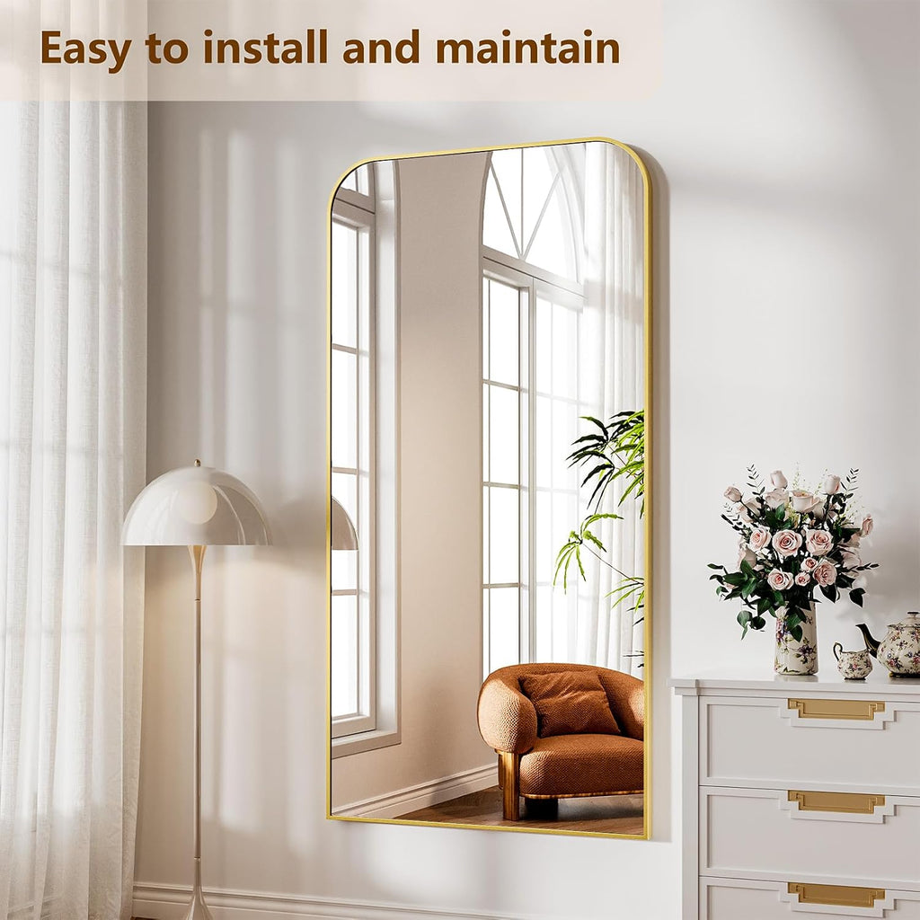Koonmi Full Length Mirror, 71'x30' Mirror Full Length with Stand, Gold Domed Top Square-Edged Floor Mirror with Aluminum Alloy Frame for Bedroom Living Room