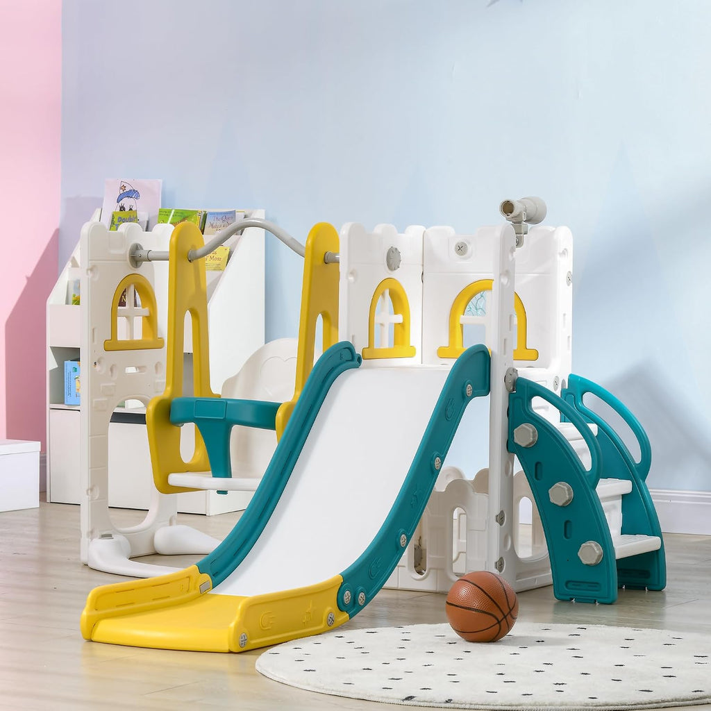 Qaba 6 in 1 Toddler Slide and Swing Set, Toddler Playground for Ages 1-3 Years with Basketball Hoop, Climber, Storage Space, Telescope, Indoor/Outdoor Playset, Yellow
