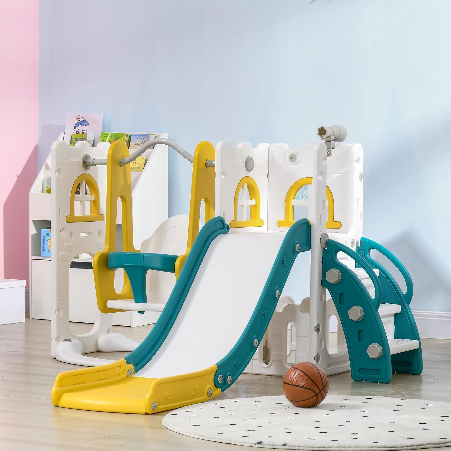 Qaba 6 in 1 Toddler Slide and Swing Set, Toddler Playground for Ages 1-3 Years with Basketball Hoop, Climber, Storage Space, Telescope, Indoor/Outdoor Playset, Yellow