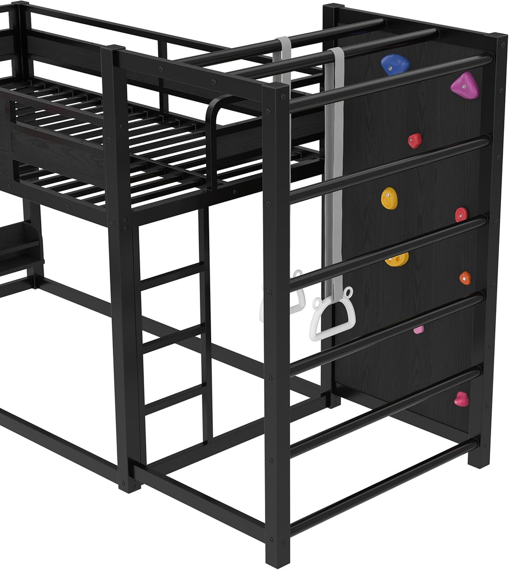 Metal Twin Over Twin Bunk Bed with Slide and Bookshelf, Modern Heavy Duty Bunk Bed with Basketball Hoop, Pull-Up Rings and Climbing Wall, Low Playhouse Loft Bed for Kids, Black